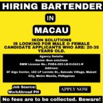 Hiring Bartender Position in Macau